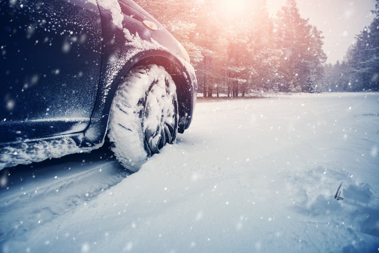 Car tires on winter road covered with snow Car tires on winter road covered with snow