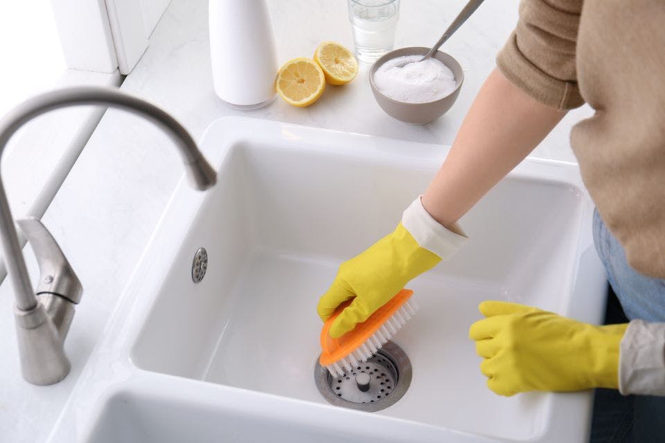 Woman using baking soda, lemon, and brush to clean sink, closeup