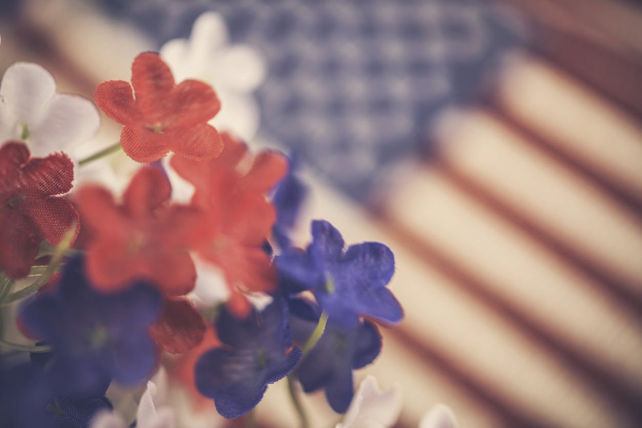 Red, White, And Blue flowers with American flag.