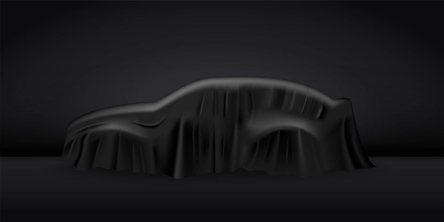 Black cloth drapery covering car. Silk fabric hanging on gift for surprise reveal vector illustration. Hidden car under veil decoration on dark background. Mysterious presentation event