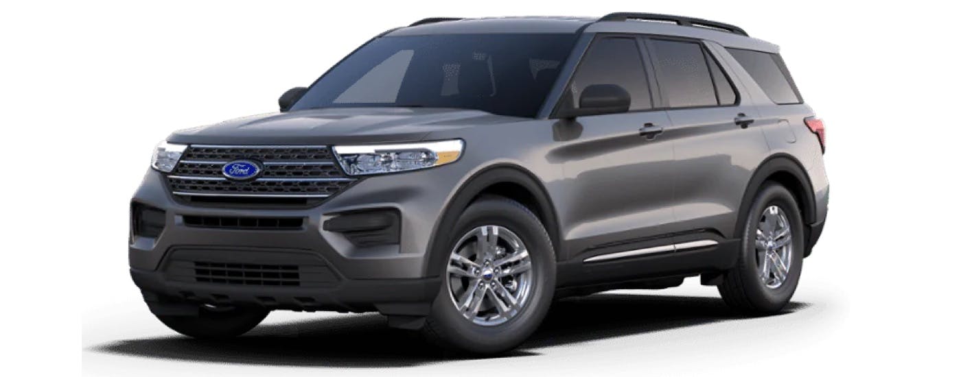 A grey 2023 Ford Explorer XLT is shown angled left.