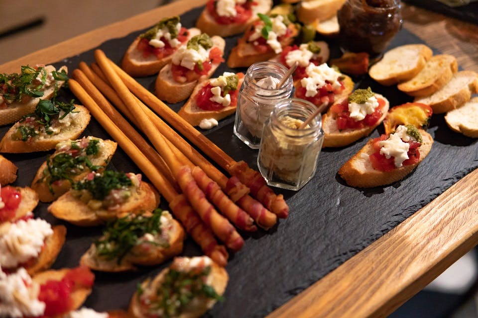 Colorful, tasty party food served on table.