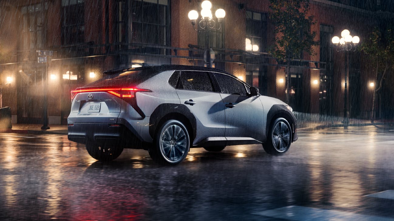 Toyota bZ4X AWD with X Mode driving in rain