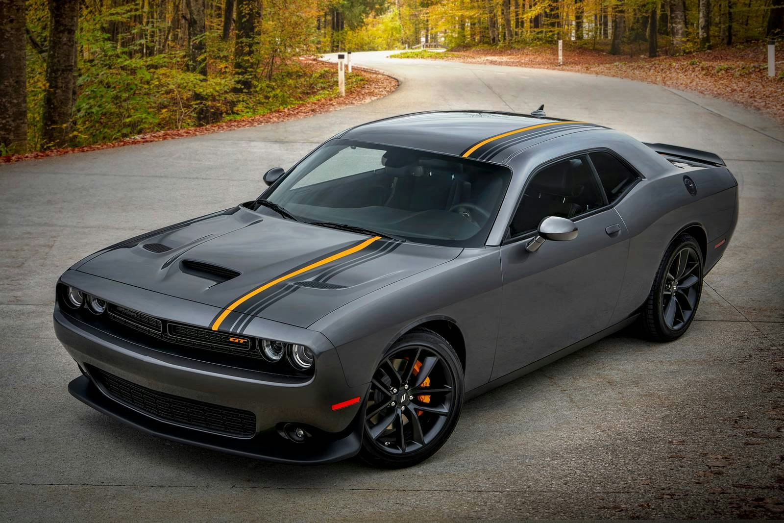 Dodge Challenger parked on a street in the fall