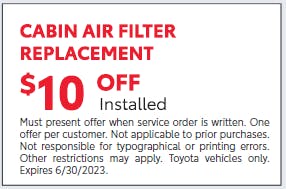 Cabin Air Filter–$10 Off | Diehl Toyota