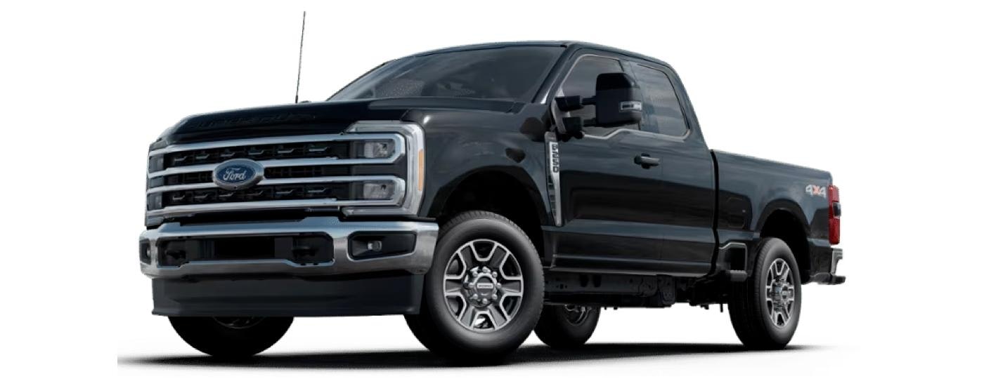 A black 2023 Ford F-250 Lariat is shown angled left.