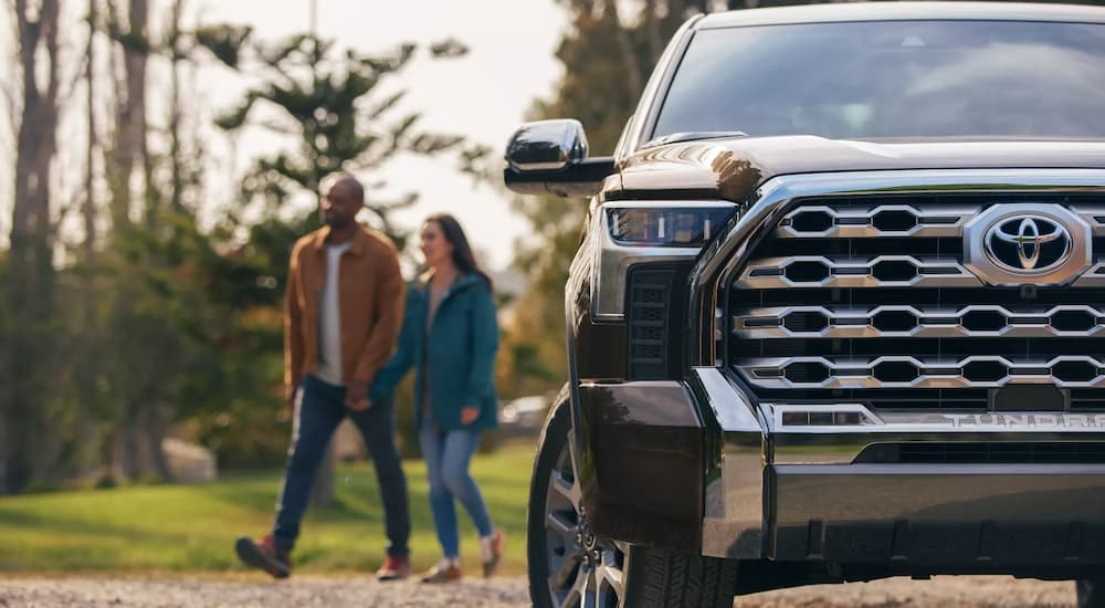 The front of a black 2022 Toyota Tundra 1794 Crewmax is shown after leaving a used Toyota dealer near Brattleboro, VT.