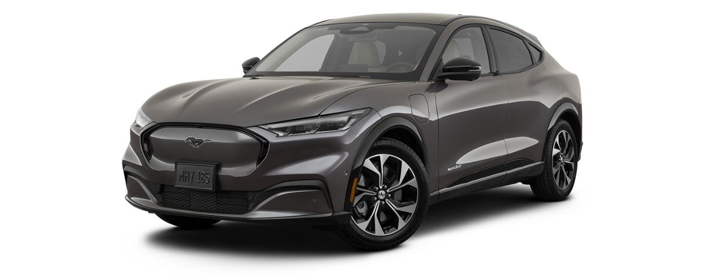 A dark grey 2023 Ford Mustang Mach-E Premium is angled left.