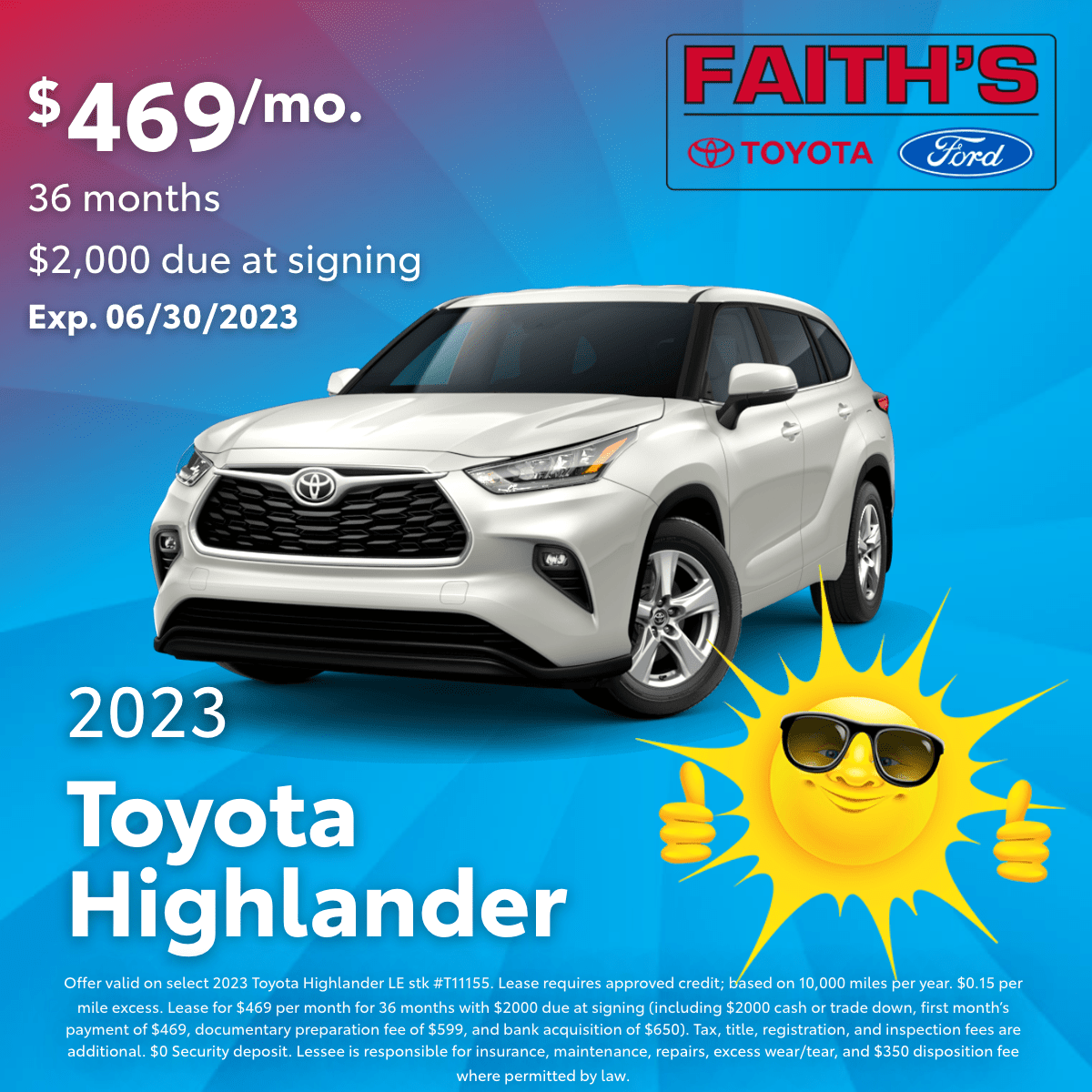 2023 Toyota Highlander LE Lease Offer | Faiths Toyota