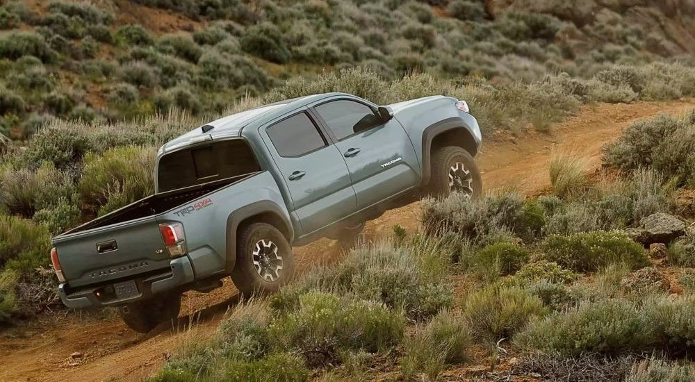 A grey 2023 Toyota Tacoma TRD is shown driving up a dusty path.