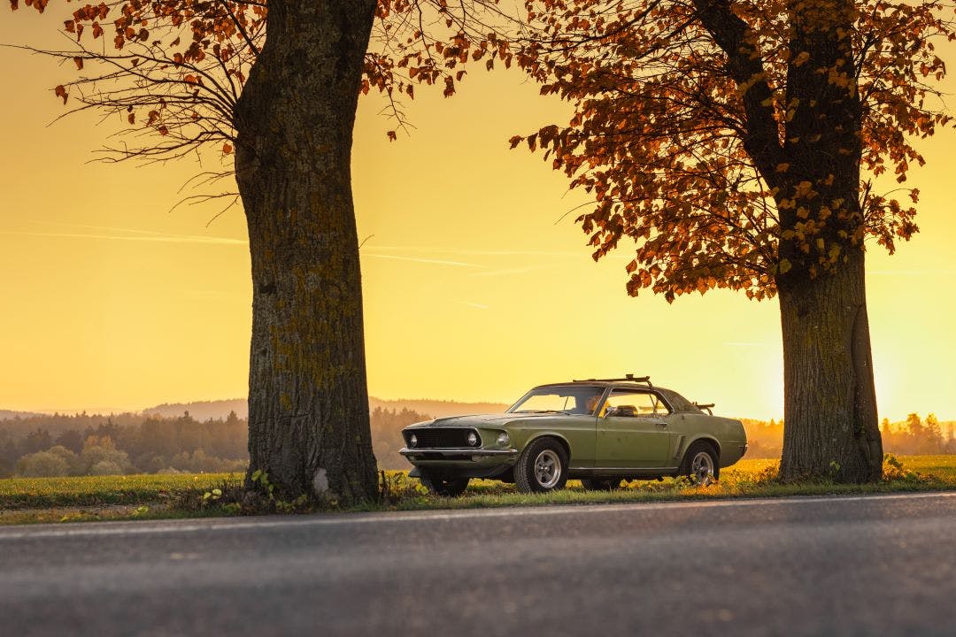 an old, green mustang parked on the side of the road next to two trees