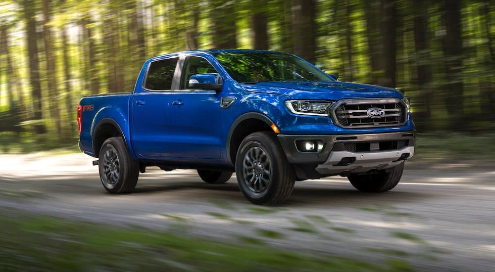 A blue 2019 Ford Ranger is shown from the front at an angle after leaving a used Ford dealer.