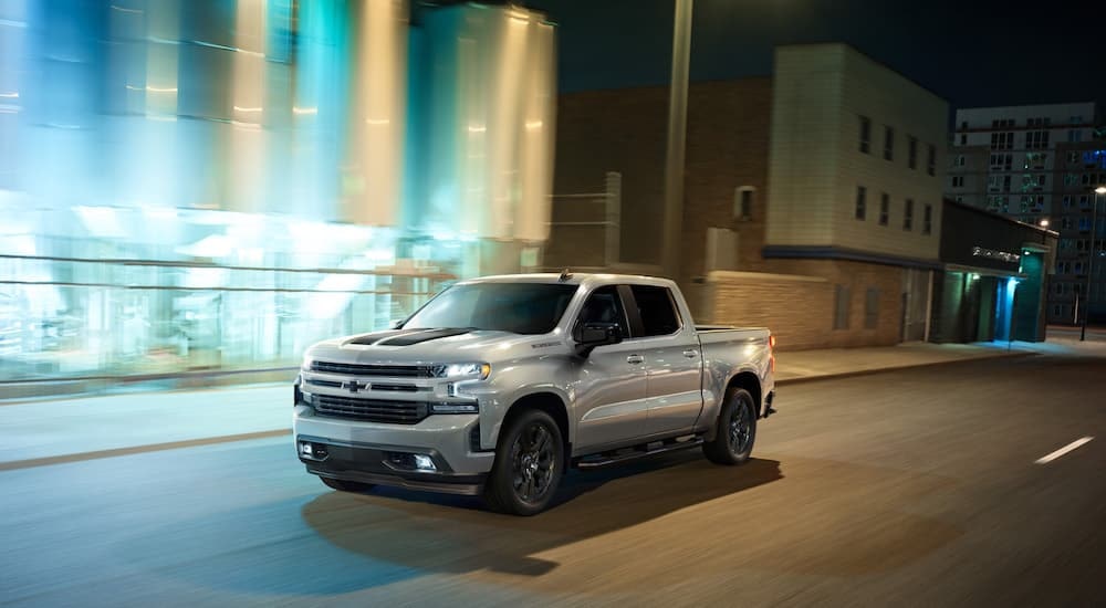 A silver 2020 Chevy Silverado 1500 Rally is shown from the front at an angle.