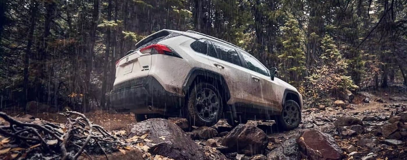 A white 2022 Toyota RAV4 TRD is shown from the side while off-road.