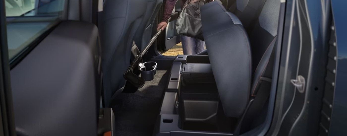 A close up shows the under seat storage in a 2024 Ford Maverick.