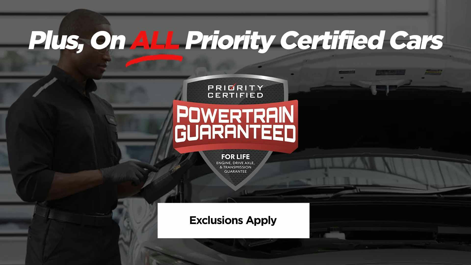 Priority Toyota Springfield Priorities For Life includes Limited Powertrain Warranty on Certified Cars. Exclusions apply, click for details.