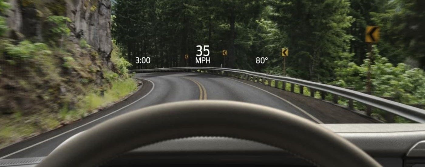 A close up shows the heads-up display in a 2024 Ford F-150 King Ranch.