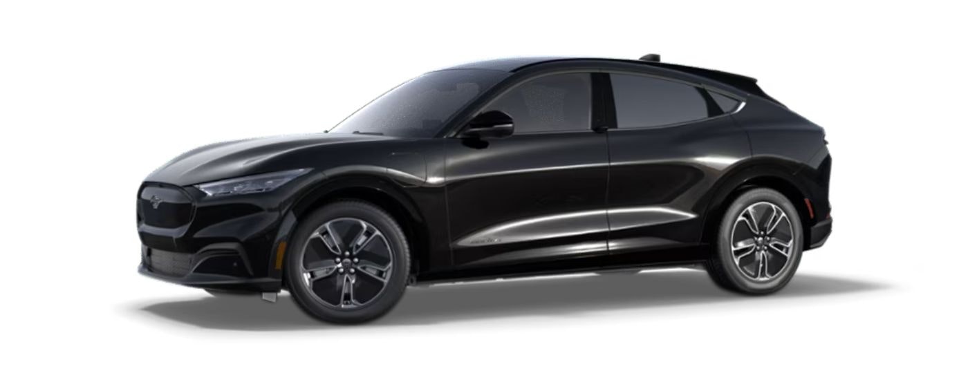 A black 2023 Ford Mustang Mach-E Premium is angled left.