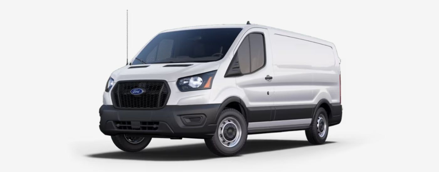 A white 2023 Ford Transit is shown angled left.