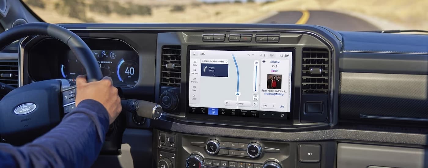 A close up of the infotainment screen in a 2024 Ford Super Duty F-450 is shown.
