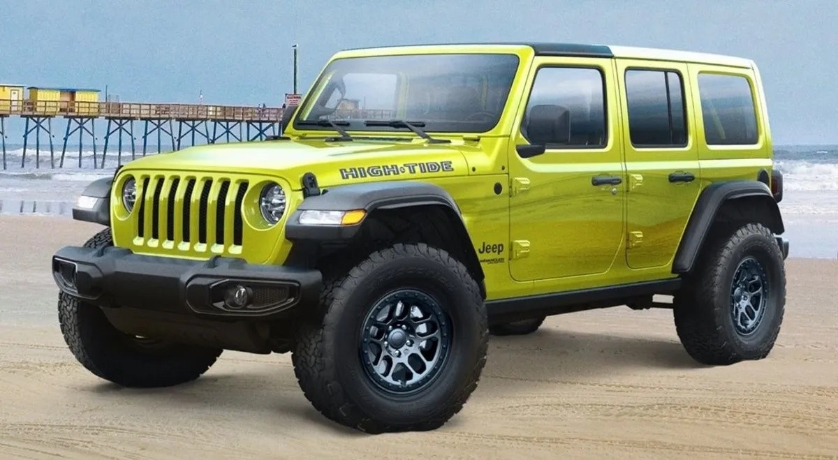 2024 Jeep High Tide parked by a fishing pier on the beach