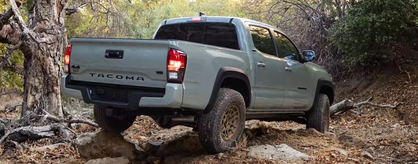 A grey 2022 Toyota Tacoma Trail is shown from the rear at an angle.