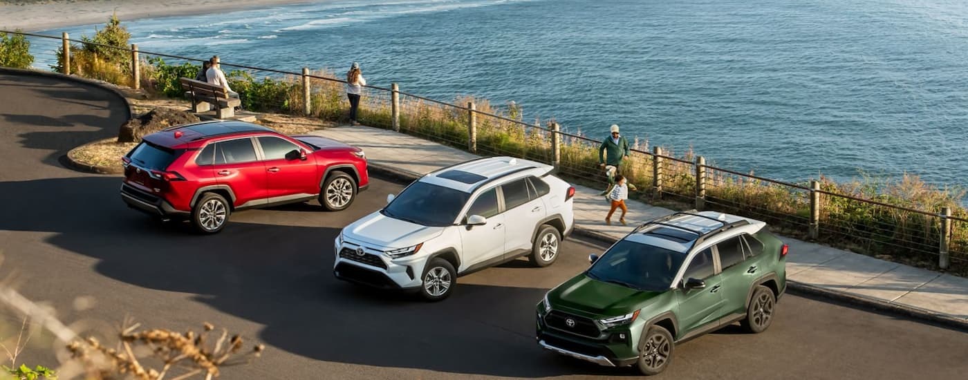 A red, a white, and a green 2024 Toyota RAV4 are shown parked overlooking a lake.