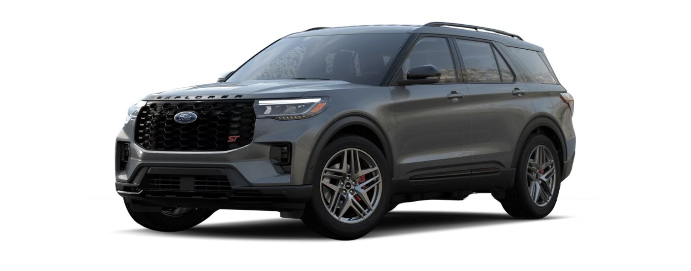 A grey 2025 Ford Explorer ST is shown angled left.