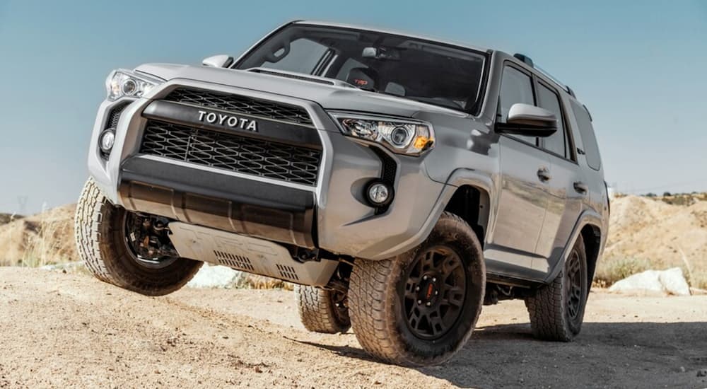A grey 2017 Toyota 4Runner TRD Pro is shown from the front at an angle after leaving a dealer that has used SUVs for sale in Westminster.