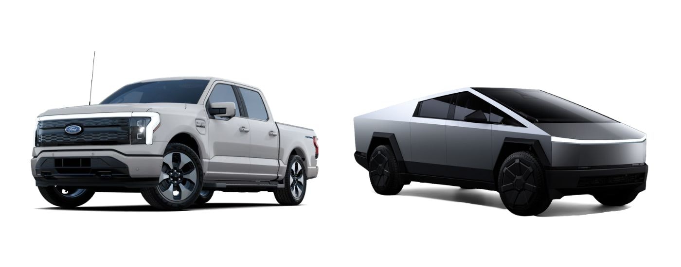 A white 2024 Ford F-150 Lightning and gray 2024 Tesla Cybertruck on a white background.