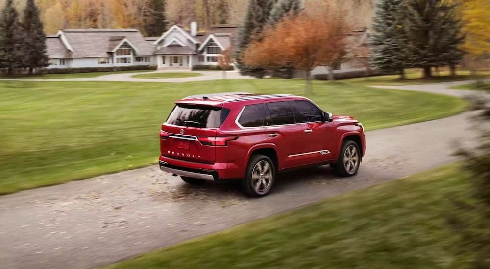 A red 2023 Toyota Sequoia is shown from the rear at an angle.