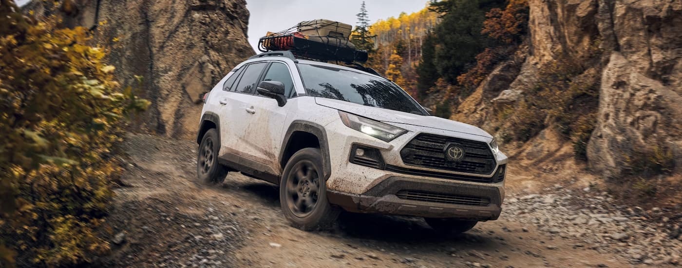 A white 2024 Toyota RAV4 TRD Off-Road is driving on a dirt trail.