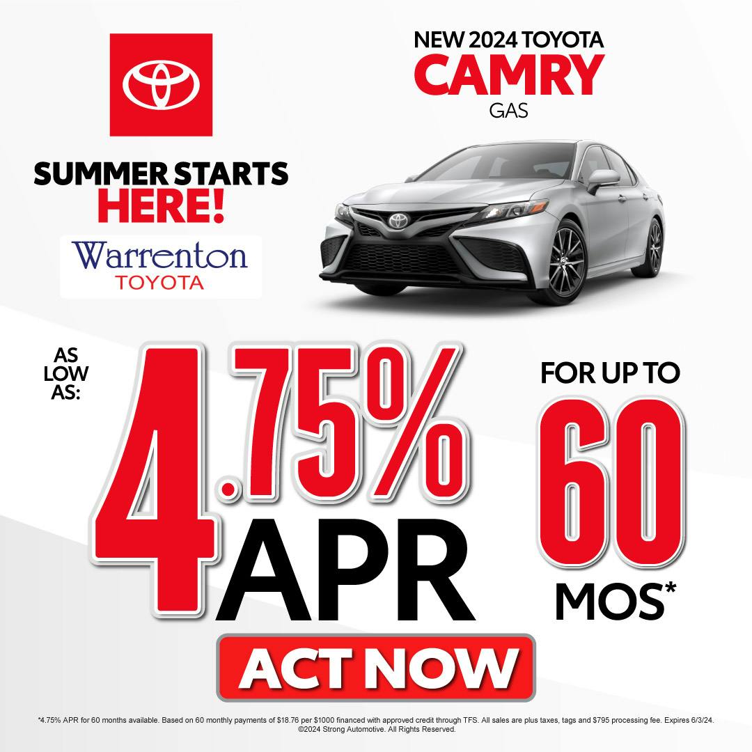 New 2024 Toyota Camry Gas – As Low as 4.75% APR for up to 60 months* – Act Now