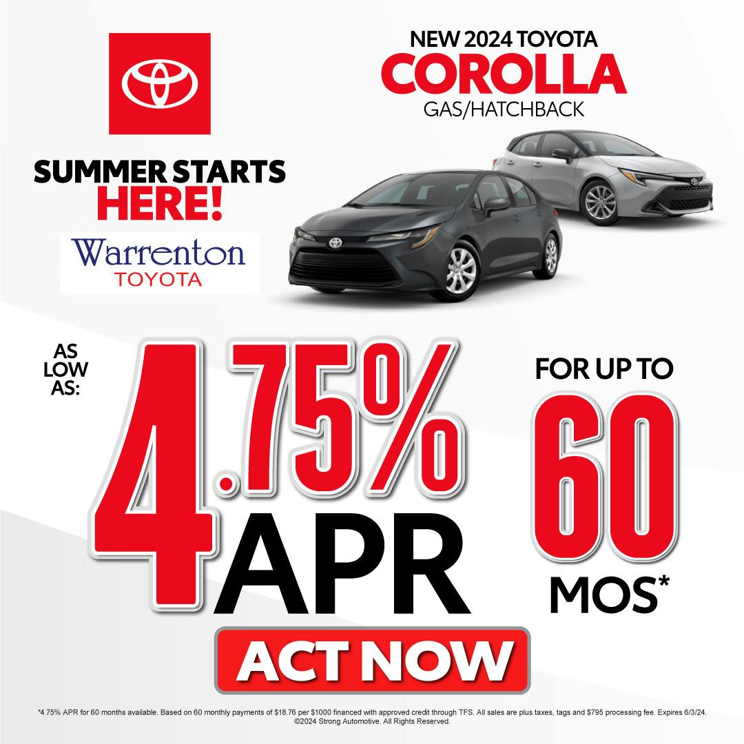 New 2024 Toyota Corolla Gas/Hatchback – As Low as 4.75% APR for up to 60 months* – Act Now