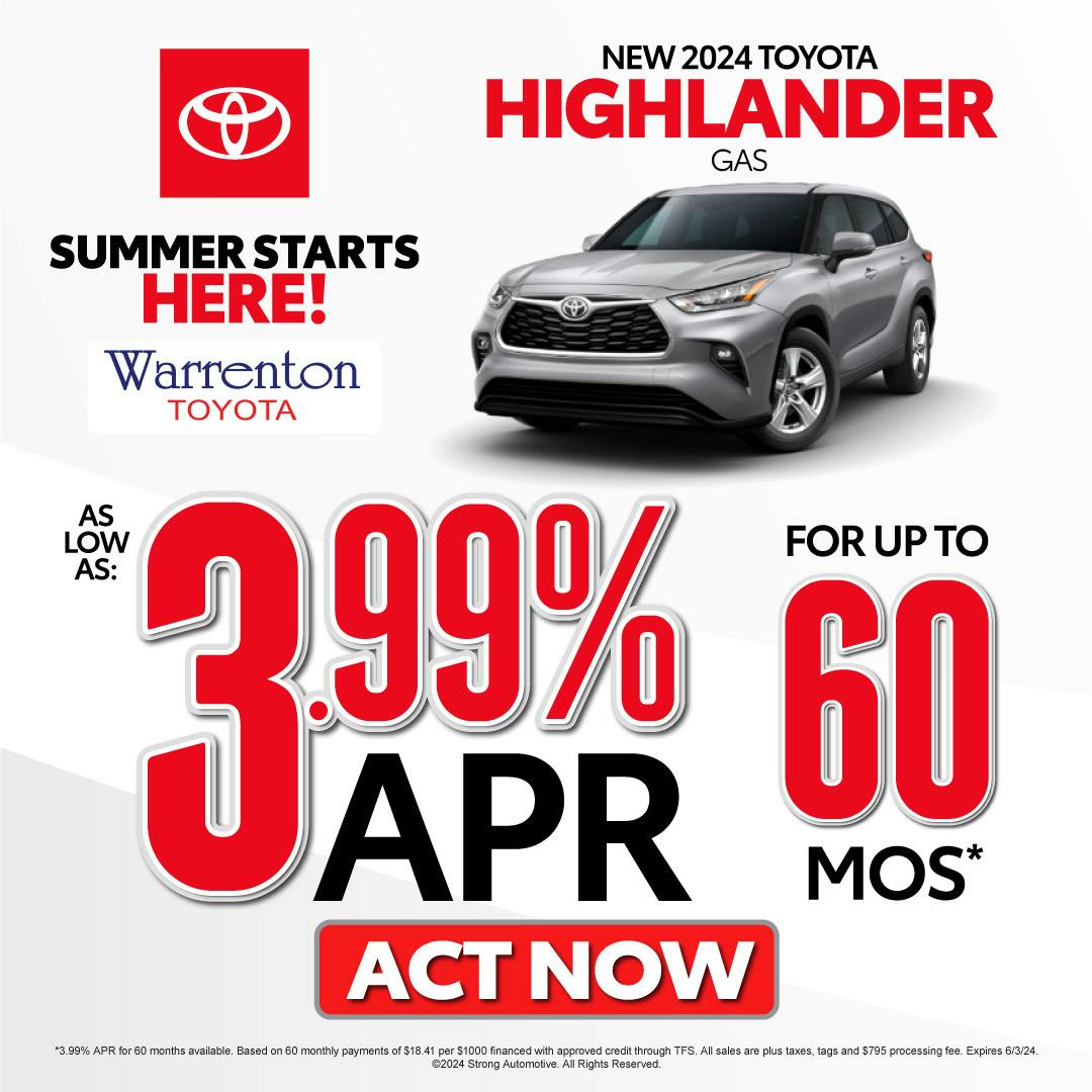 New 2024 Highlander Gas- As Low as 3.99% APR for up to 60 months* – Act Now