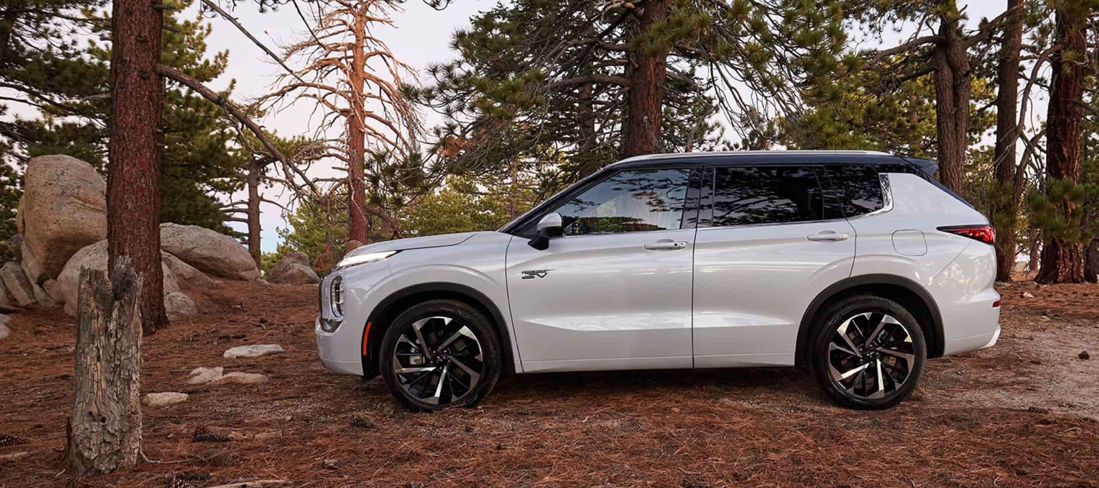 white mitsubishi side view in the forest