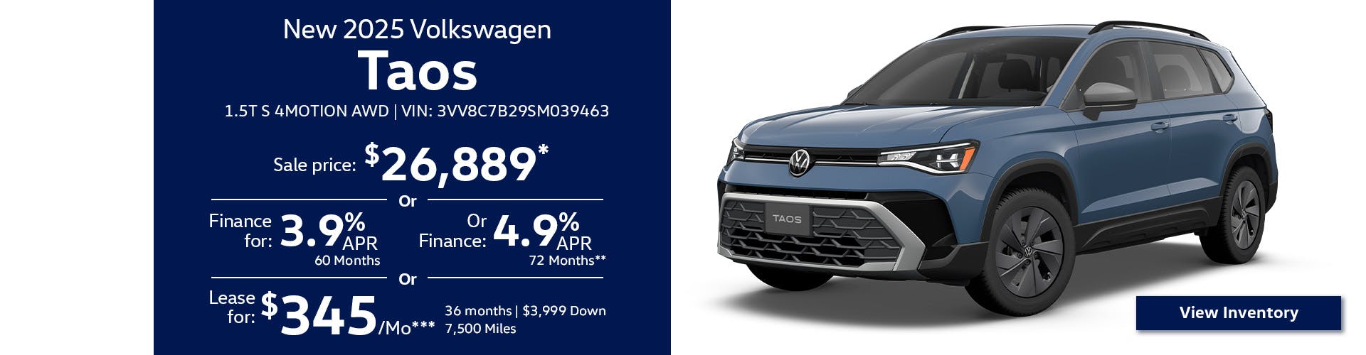 New 2025 Volkswagen Taos 1.5T S 4MOTION AWD