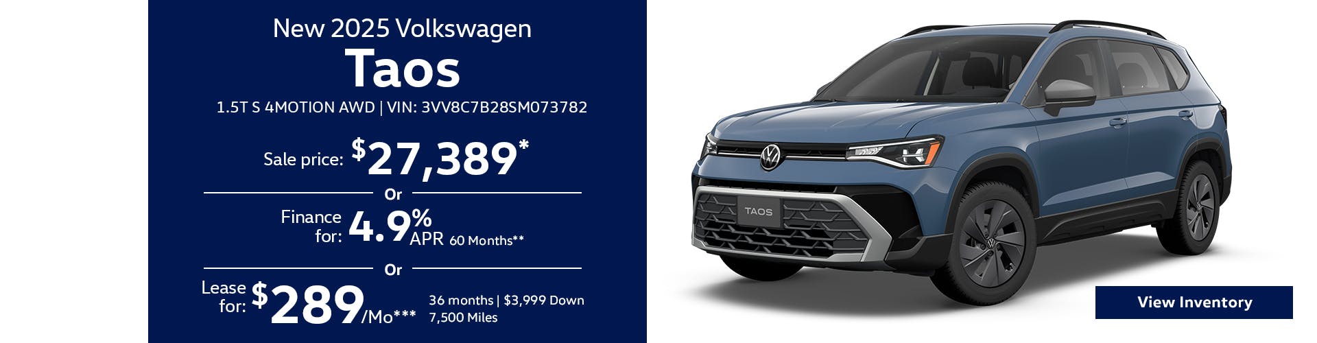 New 2025 Volkswagen Taos 1.5T S 4MOTION AWD
