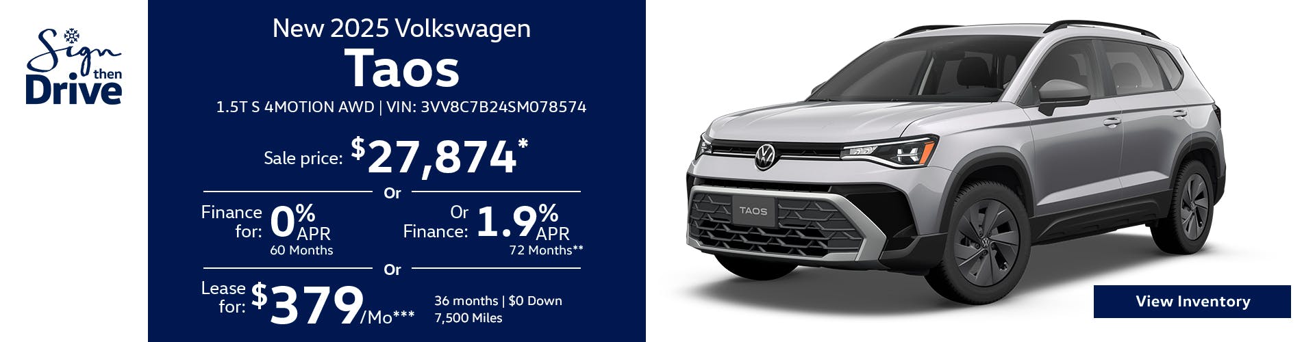 New 2025 Volkswagen Taos 1.5T S 4MOTION AWD