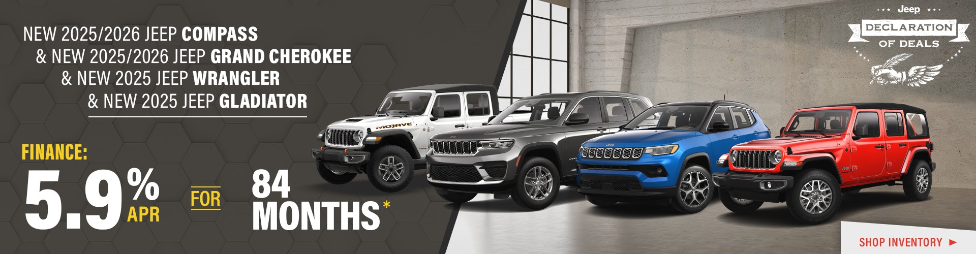 New 2025/2026 Jeep Compass, 2025/2026 Grand Cherokee, 2025 Wrangler, and 2025 Gladiator