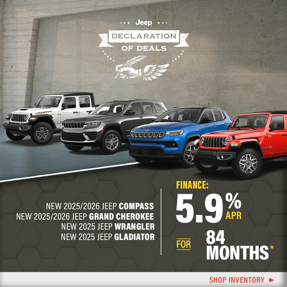 New 2025/2026 Jeep Compass, 2025/2026 Grand Cherokee, 2025 Wrangler, and 2025 Gladiator