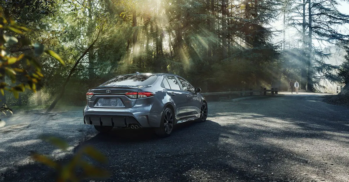 2026 Toyota Corolla sedan parked on a scenic forest road