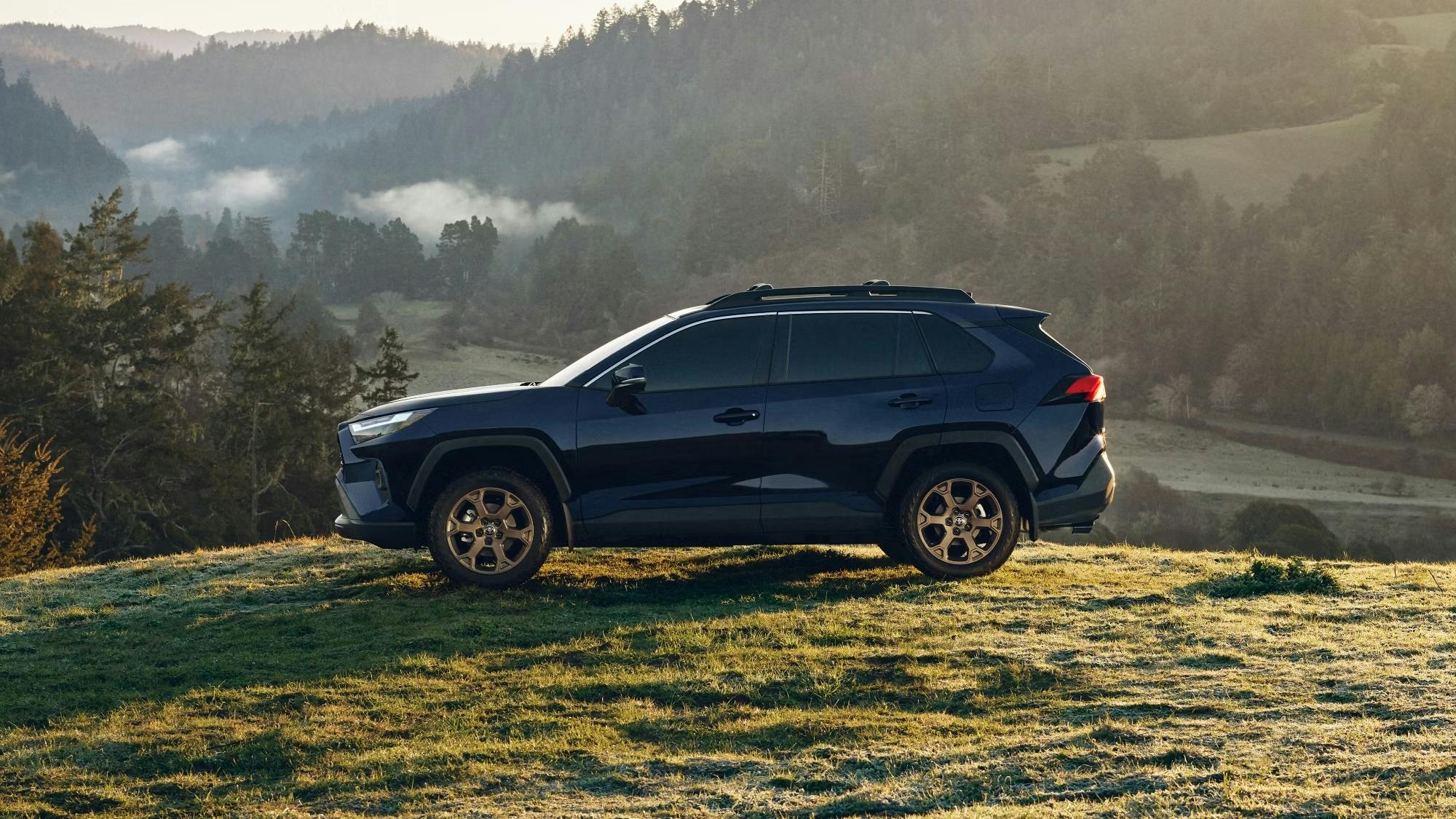 Midnight Black Metallic exterior Toyota RAV4 Hybrid Woodland edition park on top of grassy hill