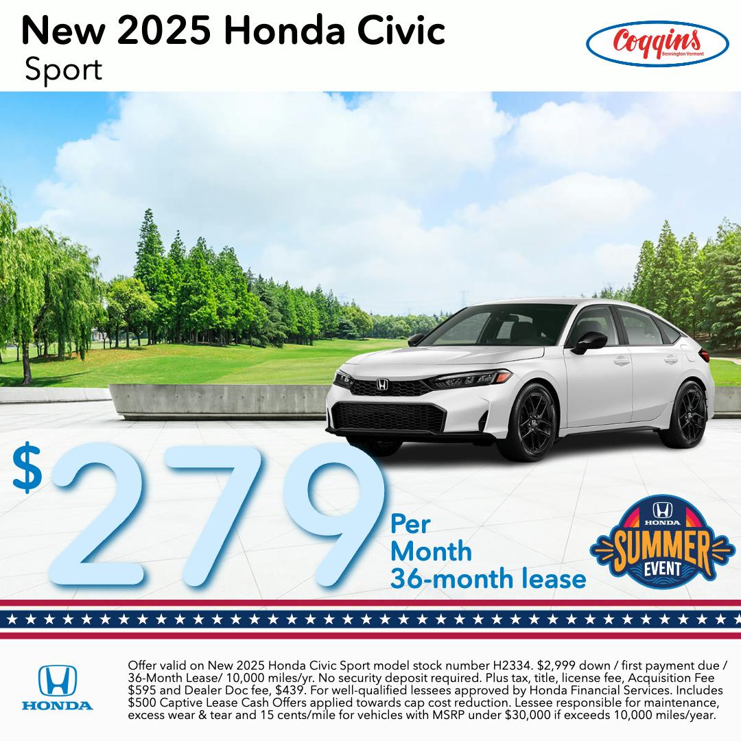 2025 Honda Civic Lease | Coggins Honda of Bennington