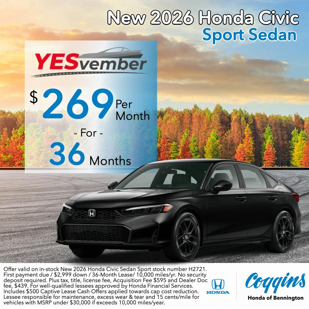 2026 Honda Civic Sedan Lease | Coggins Honda of Bennington