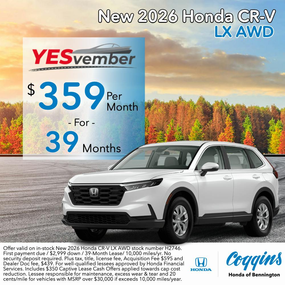 2026 Honda CR-V Lease | Coggins Honda of Bennington