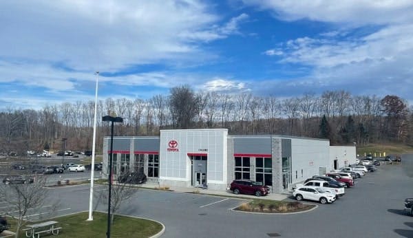 A drowns view of the front of our beautiful building at Coggins Toyota