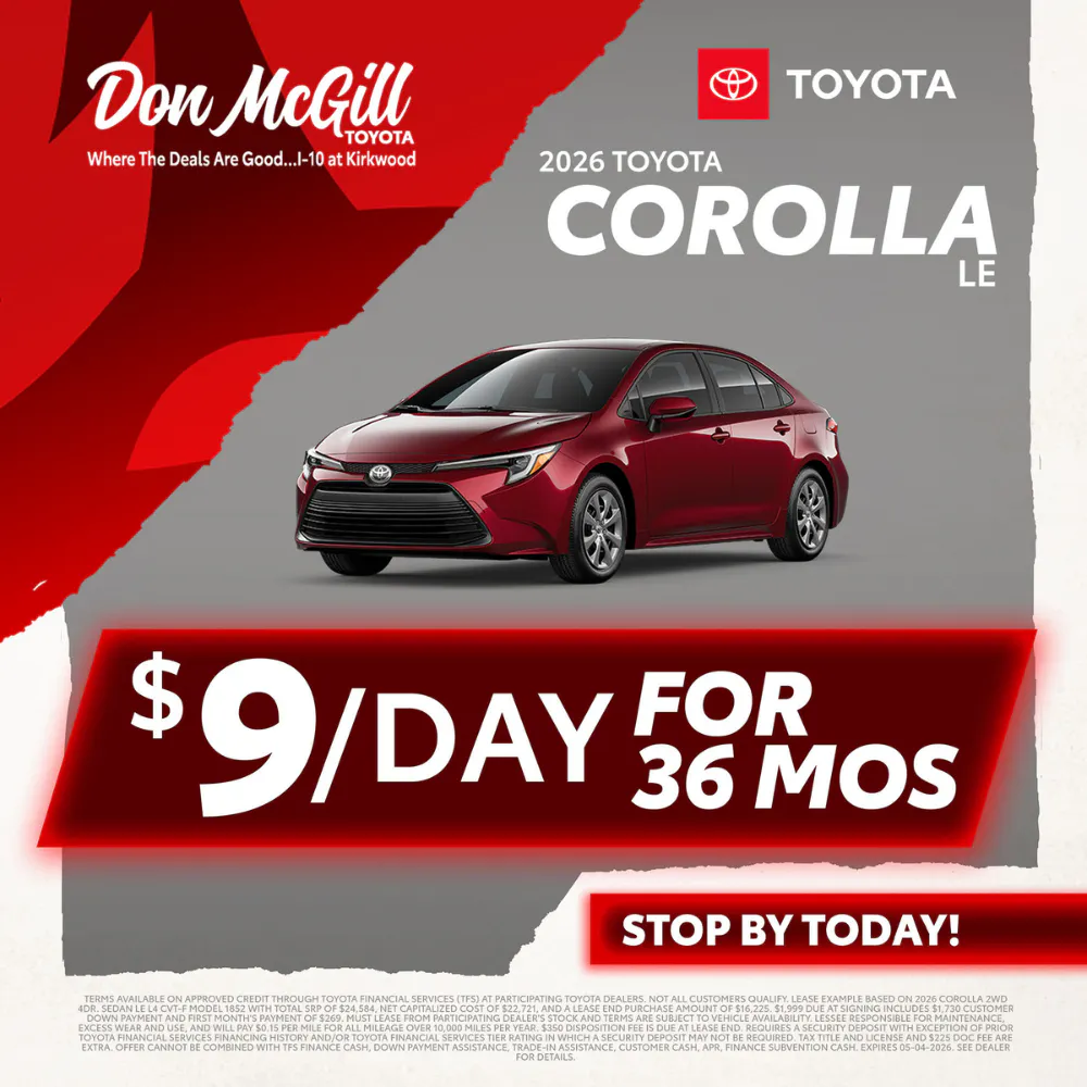 Lease 2026 Corolla LE – $9/day for 36 months | Don McGill Toyota