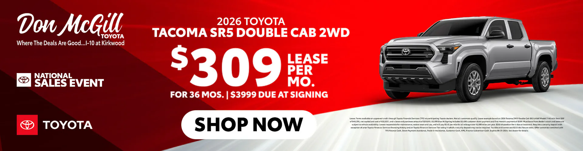 Lease 2026 Tacoma SR5 Double Cab – $309/Month for 36 months