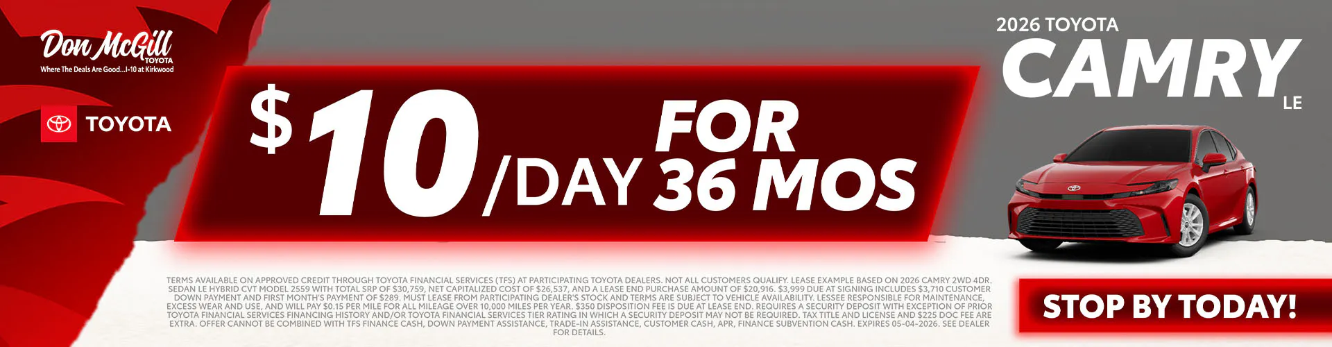 Lease 2026 Camry LE – $10/day for 36 months